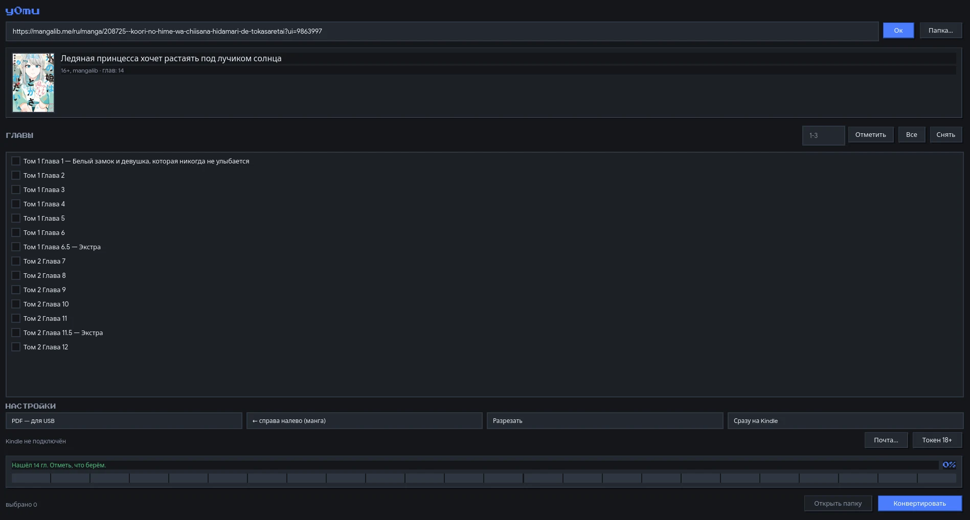 One window: the link, a chapter list with checkboxes, format, and where to put the result